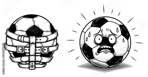 Vintage engraving style illustration of two soccer ball characters showing panic and restraint