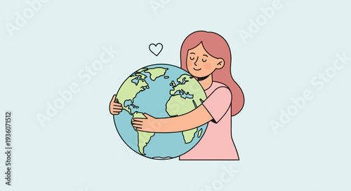 Woman Embracing the Earth with Love and Care in a Simple Illustration