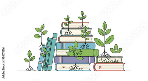 Stack of books with growing plants, symbolizing knowledge and growth, illustration from a straightforward viewpoint
