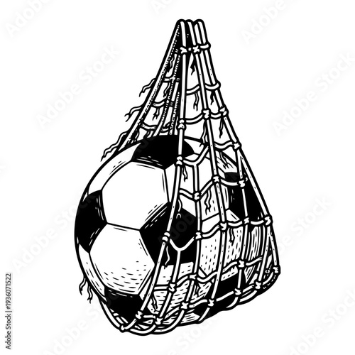 Classic woodcut style illustration of a soccer ball inside a mesh carrying net bag