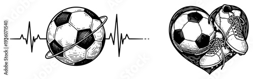 Collection of woodcut style sketches showing passion for soccer with heartbeat and heart shapes
