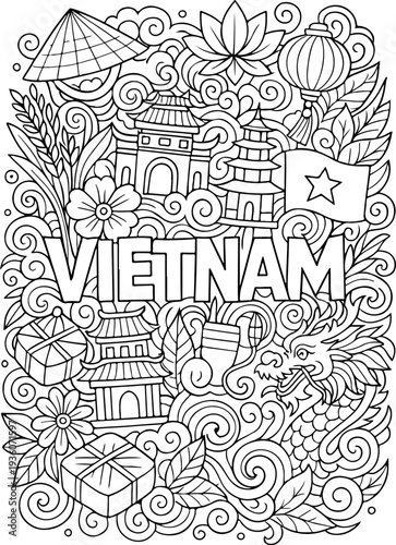 Vietnam hand drawn vector illustration doodle art line art coloring page for kids