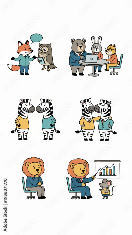 Naklejka premium Cute cartoon animals in business and social settings.