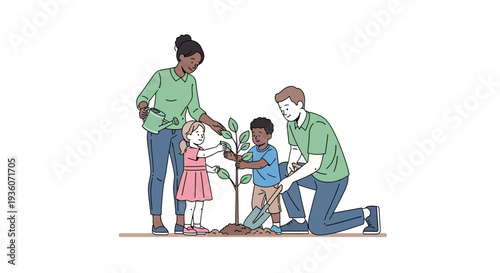 Family Planting a Tree Together in a Harmonious Outdoor Setting