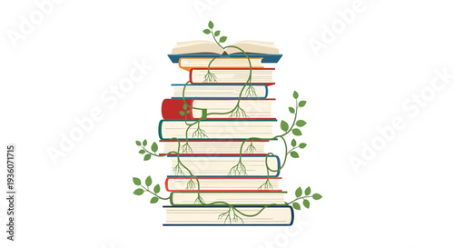 A stack of books adorned with green leaves, symbolizing knowledge and growth, in a serene illustration on a clean background.