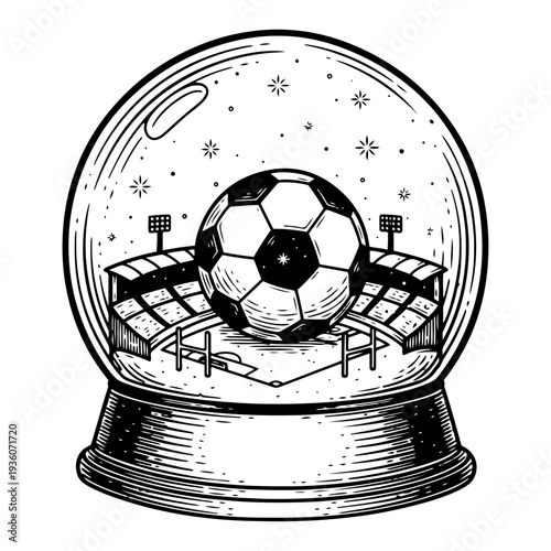 Hand drawn woodcut style illustration of a soccer stadium and ball inside a decorative snow globe