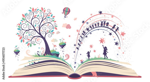 Whimsical illustration of an open book with silhouettes emerging, surrounded by fantastical elements and dreamy scenery
