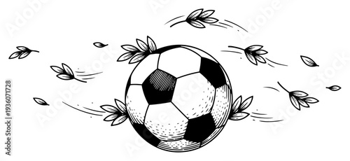 Engraving style illustration of a soccer ball surrounded by flying leaves in the wind representing movement