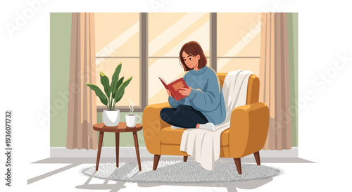 Woman relaxing on a yellow armchair beside a window reading a book in a cozy living room with a potted plant nearby