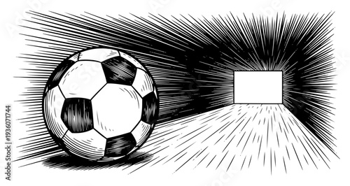 Perspective woodcut style illustration of a soccer ball at the end of a dark tunnel with bright light