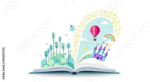 An open book with imaginative scenes emerging, featuring plants, hot air balloons, rainbows, and whimsical elements