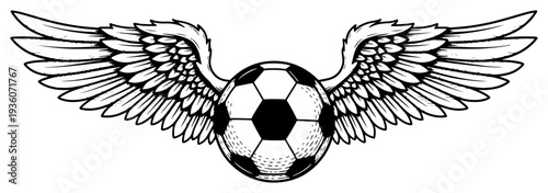 Vintage engraving style illustration of a winged soccer ball representing freedom and victory