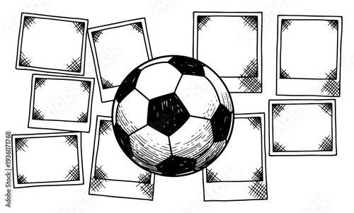 Classic woodcut style sketch of a soccer ball surrounded by empty instant photo frames