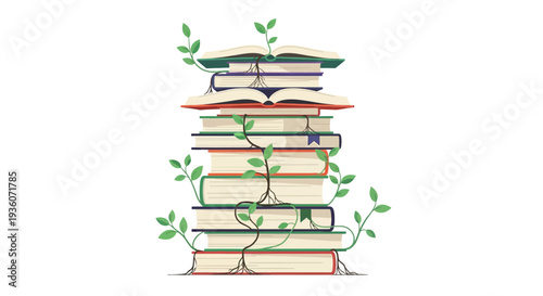 Stack of books with leaves growing out of them, symbolizing knowledge and growth, depicted in a simple illustration style