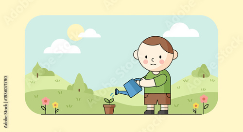 A young boy waters plants in a serene garden landscape on a sunny day from a frontal viewpoint