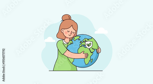 Woman holding globe, embracing Earth with care and affection, promoting environmental awareness and conservation.