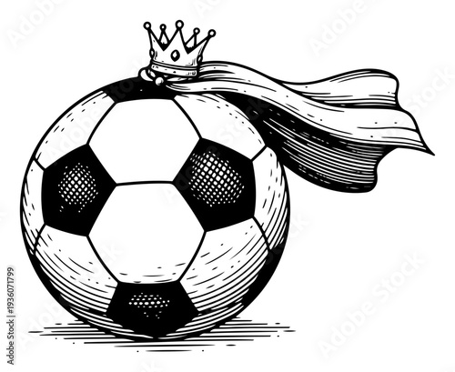 Woodcut style illustration of a soccer ball wearing a crown and a royal cape as a king of sports