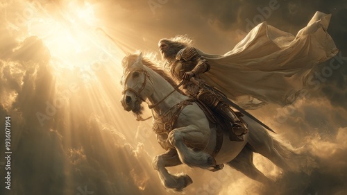 Jesus Christ riding a white horse biblical Book of Revelation second coming and victory. Prince of Peace war off Armageddon victory. Son of God kingship and judgment heavenly divine horse rider. 