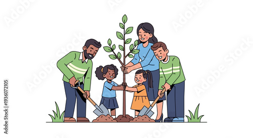Family Planting Tree Together in Garden Scene Illustration