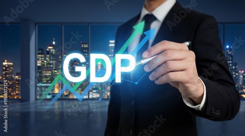 Glow GDP text with upward arrows and city skyline background at night
