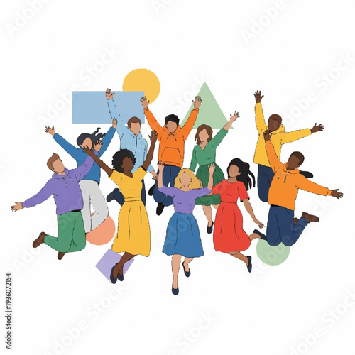 Diverse group of people jumping joyfully together.