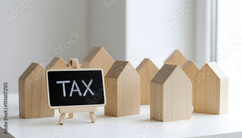 Miniature wooden houses arranged with a chalkboard sign displaying 