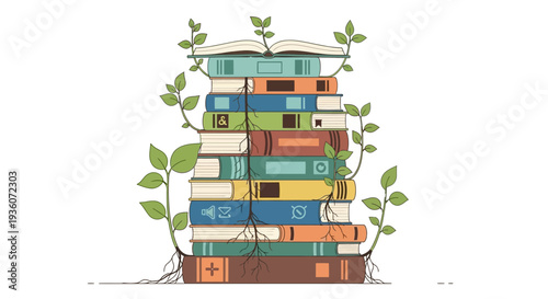 Stack of colorful books with vines and roots growing around them, viewed from the front
