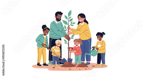 Family Planting Tree Together Outdoors with Children Illustrations