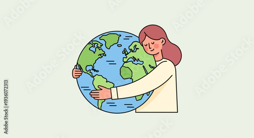 Woman embracing the Earth from a side view, symbolizing care and global unity