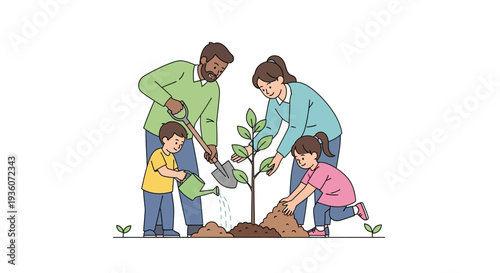 Family Planting Tree Together Outdoors with Gardening Tools from a Low Angle Viewpoint