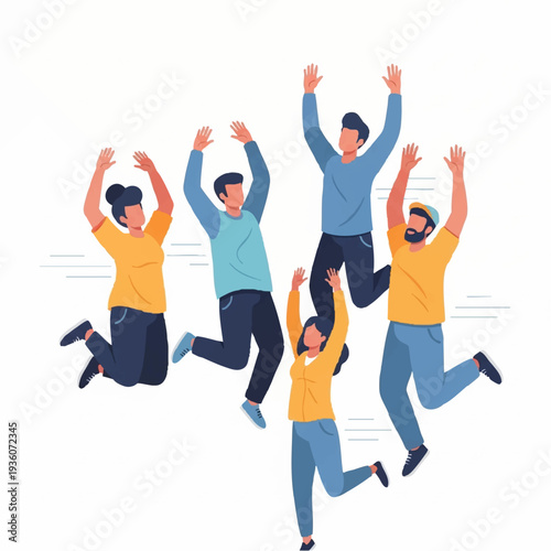 Group of diverse people jumping joyfully together.