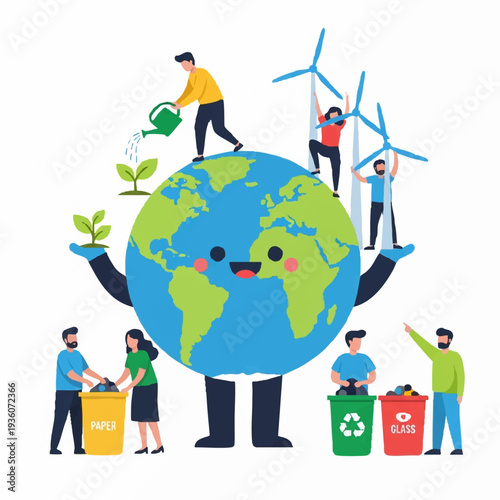 Happy Earth with People Caring for Environment and Recycling.