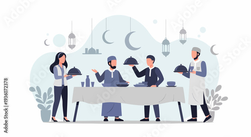 People celebrating Eid alFitr with traditional food and drinks.