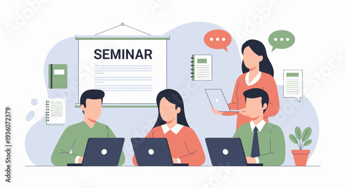 People attending a seminar with a speaker presenting information on a screen.