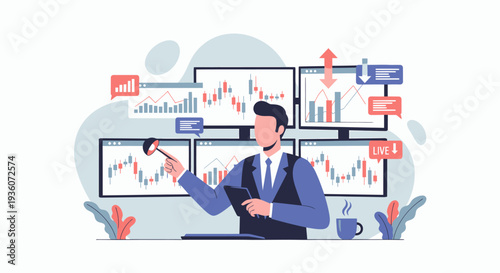 Professional Male Trader Analyzing Stock Market Data on Multiple Screens.