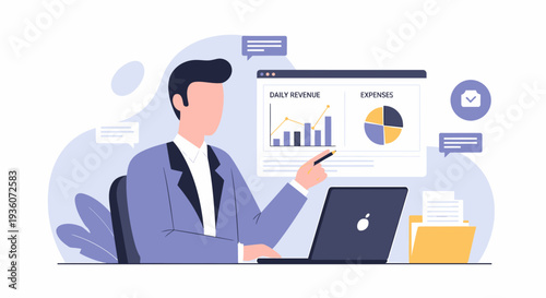 Professional man analyzing business data on laptop screen.