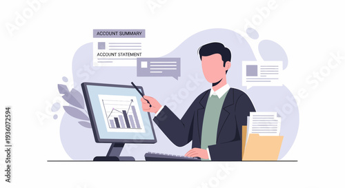 Professional man analyzing financial data on computer screen in office environment.