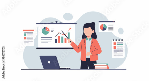 Professional woman presenting business data and financial statistics on a whiteboard.