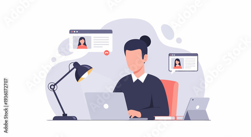 Professional Woman Working on Laptop at Desk with Lamp.