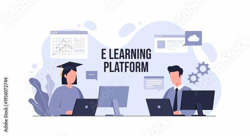 Students learning online using an elearning platform digital education concept.