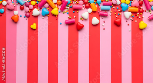 Vibrant, colorful assortment of candies and sprinkles scattered across a bright pink and red striped background, ideal for festive occasions and sweet treat displays.