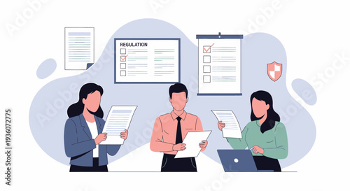 Three business people collaborating on documents and regulations in an office setting.