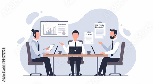 Three business people collaborating in a meeting room with laptops and documents.