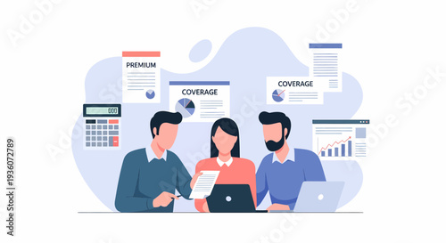 Three business people collaborating on financial documents and insurance coverage.