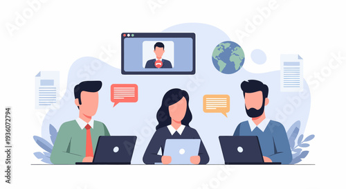 Three business people collaborating online using laptops and video conferencing technology.