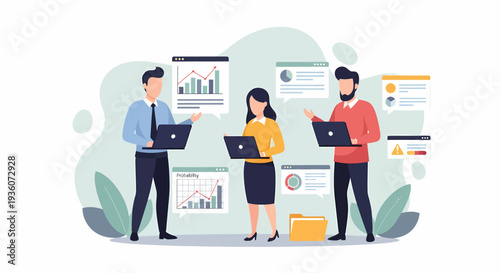 Three business people working with laptops analyzing data and reports.