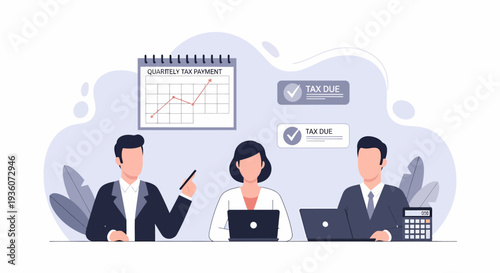 Three business professionals collaborating on a project in an office setting.