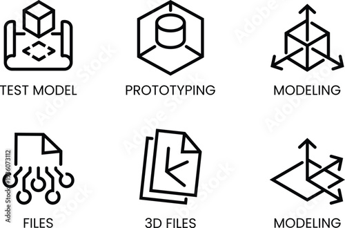 Six black line representing 3 D modeling and file concepts on white background