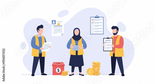 Three diverse volunteers in vests organizing charity donations.