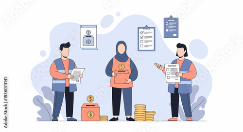 Three diverse volunteers organize a donation drive for charity work.